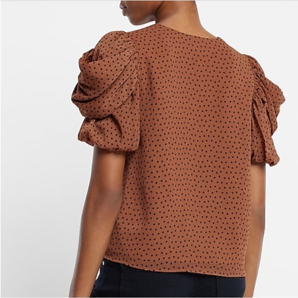 Express Brown Puff Sleeve Polka Dot V Neck Blouse Size Small - Picture 2 of 9